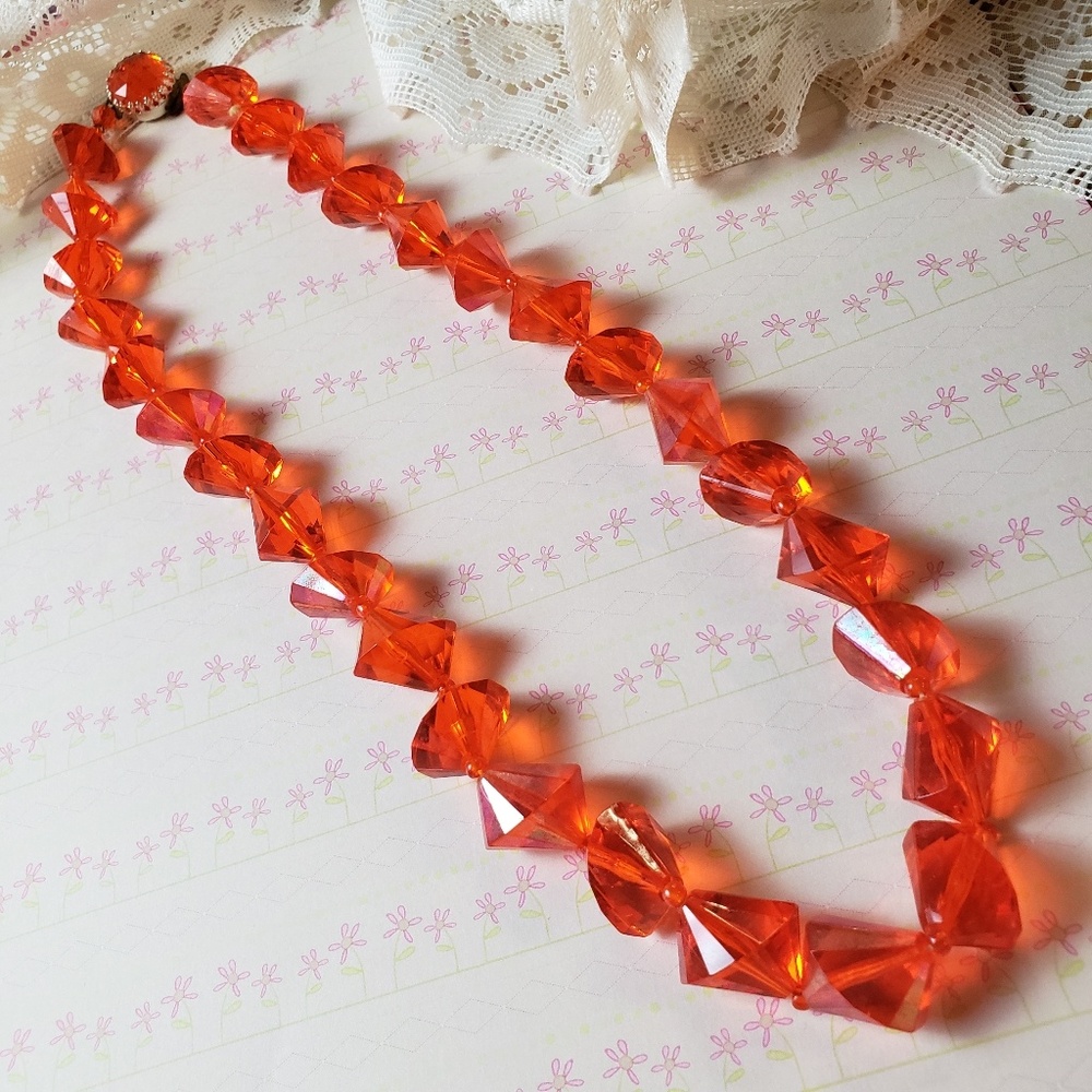 Vintage orange lucite chunky diamond bead necklace